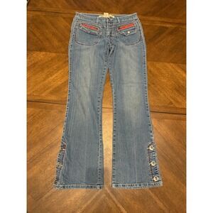 Apollo Jeans Womens 11/12 Blue Denim Flare Red Stitch Zipper Pocket Y2K Vintage